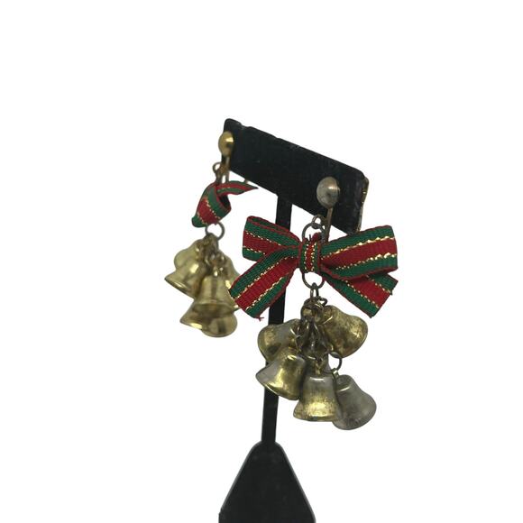 Vintage Christmas Jingle Bell Clip On Earrings Holiday Festive Bow Dangle Retro - Picture 3 of 11